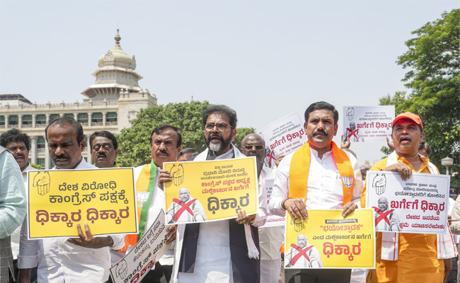 BJP protests Kharge’s ‘terrorist’ remark against PM Modi, demands apology